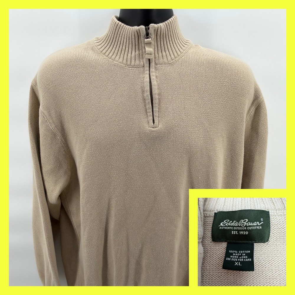 Eddie Bauer Men's XL Quarter Zip Sweater‎ Tan Beige 100% Cotton Ribbed Knit Mock